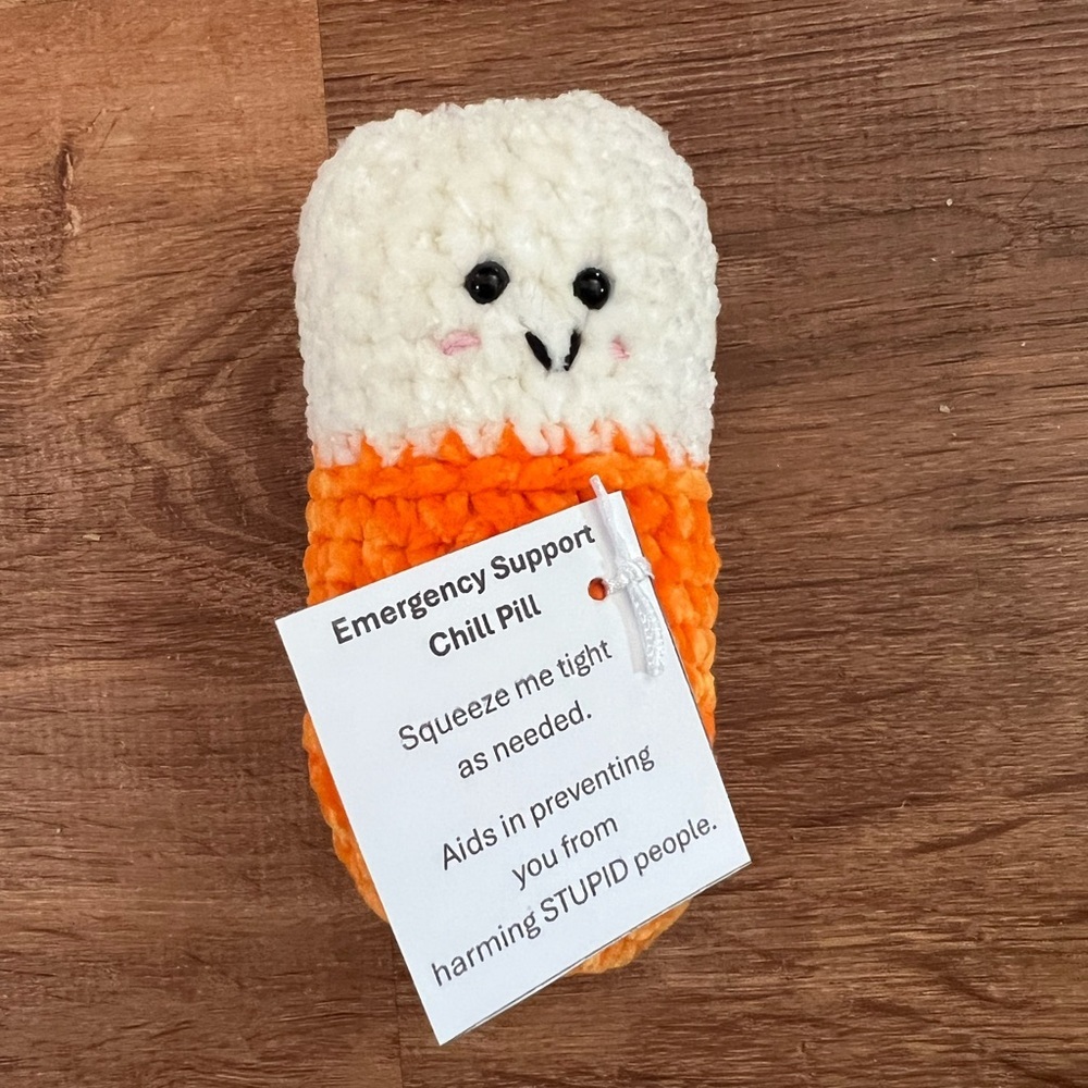 Hand Crafted Crochet Chill Pill Orange White Plush Super Soft Emotional Support
